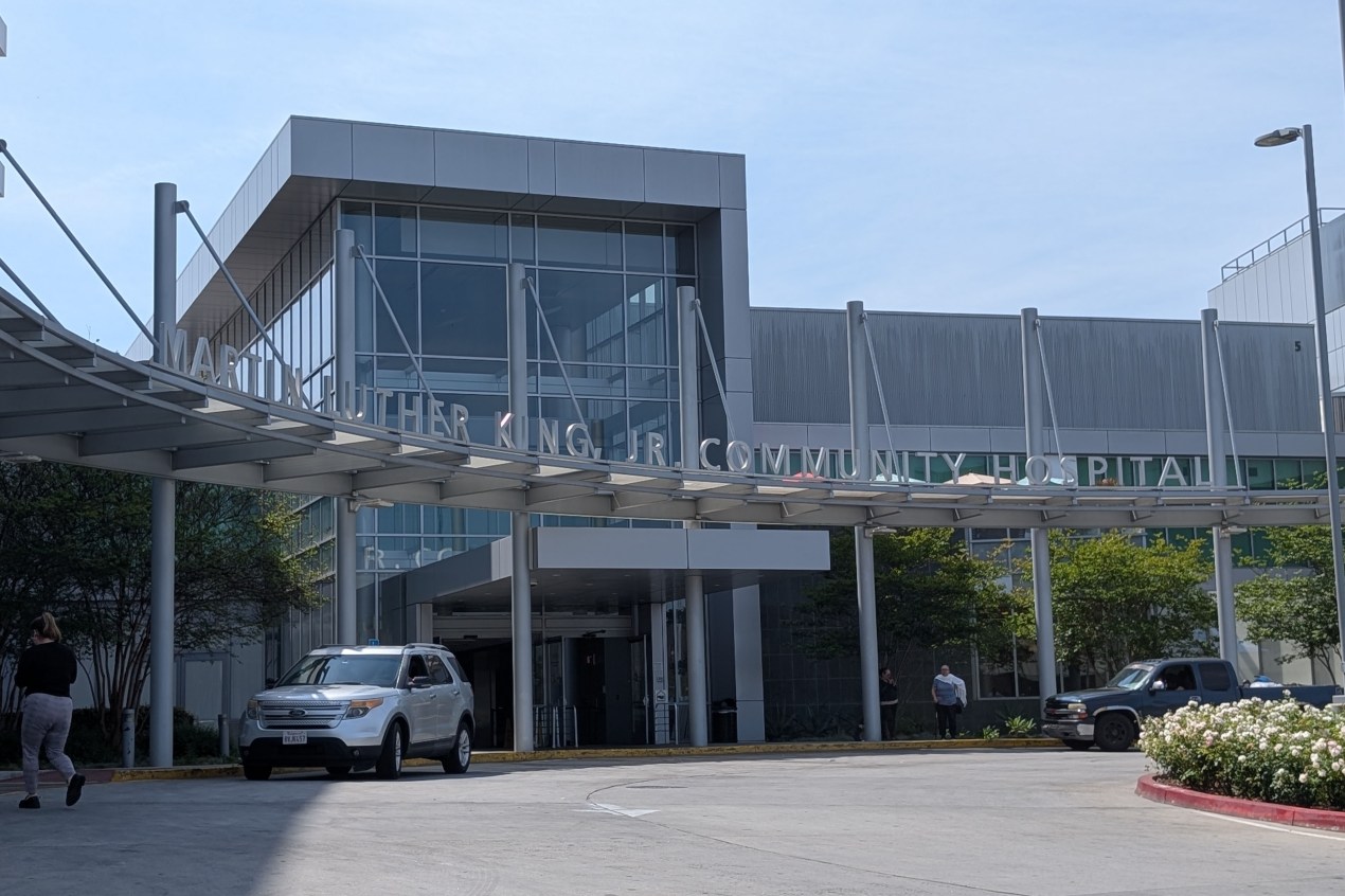 The front entrance of Martin Luther King, Jr. Community Hospital.