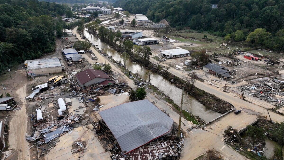 An aerial view of flattened homes destroyed by Hurricane Helene in North Carolina