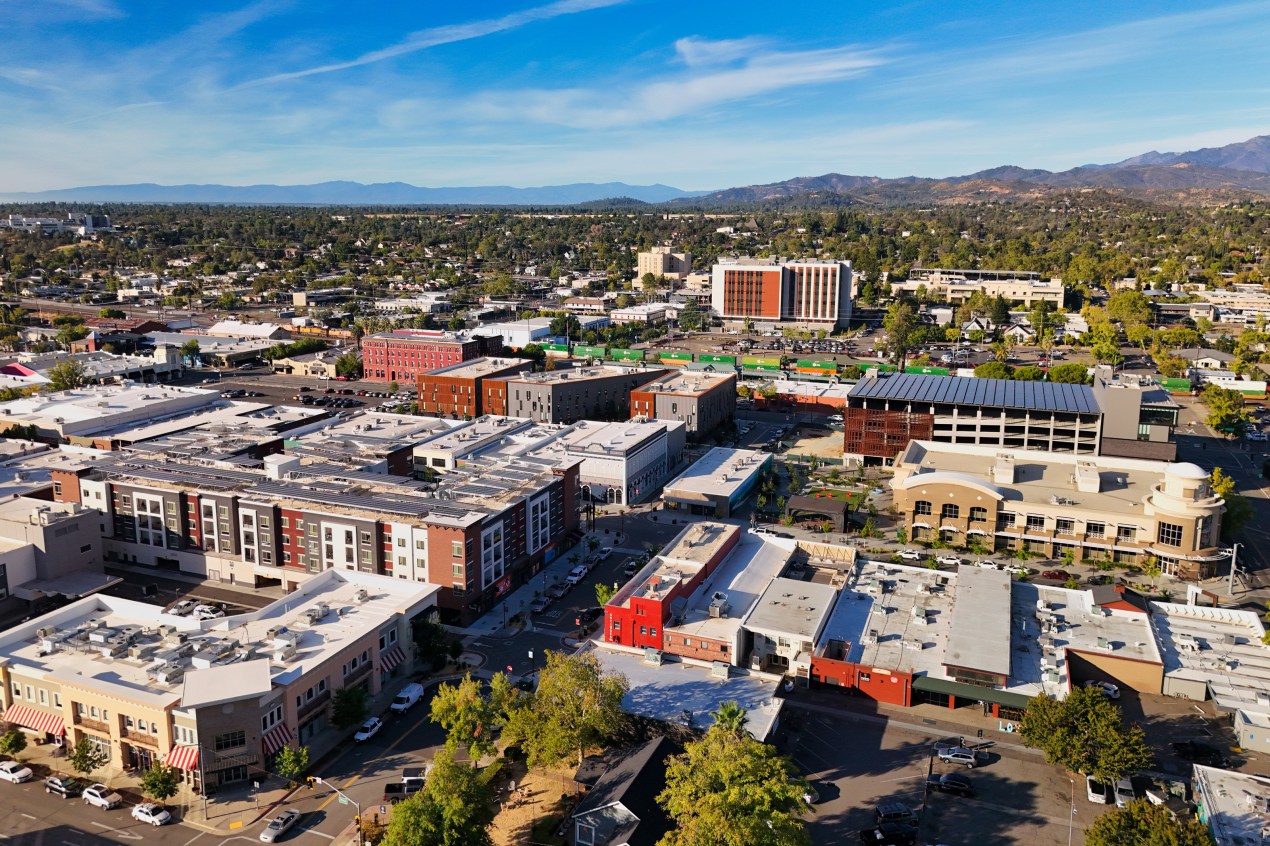 An aerial view of downtown Redding, California.