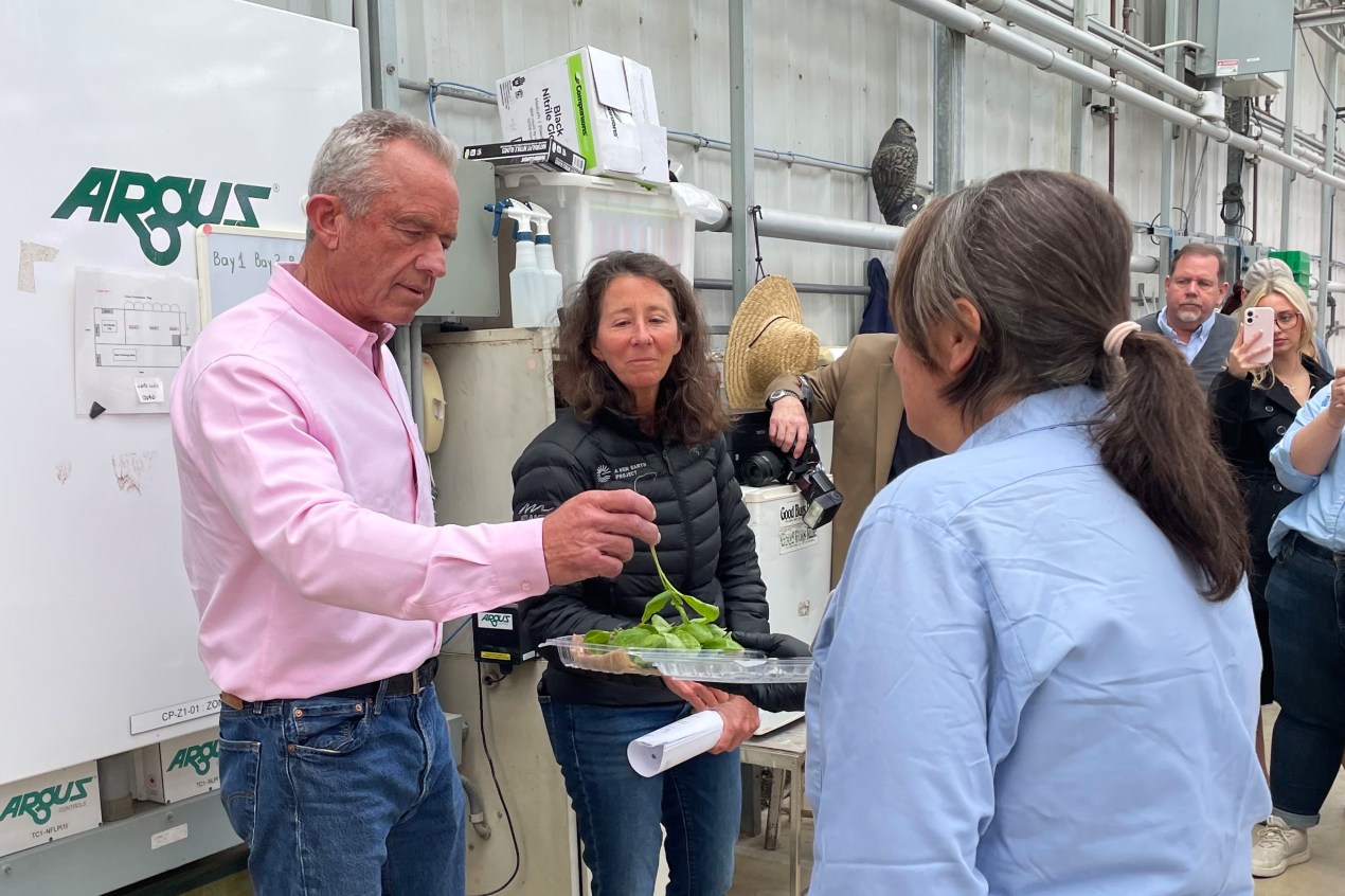 Robert F. Kennedy Jr. stands next to a woman, as he grabs the stem of microgreens.